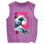 Unisex Hokkaido Wave Printed Washed Tank Top