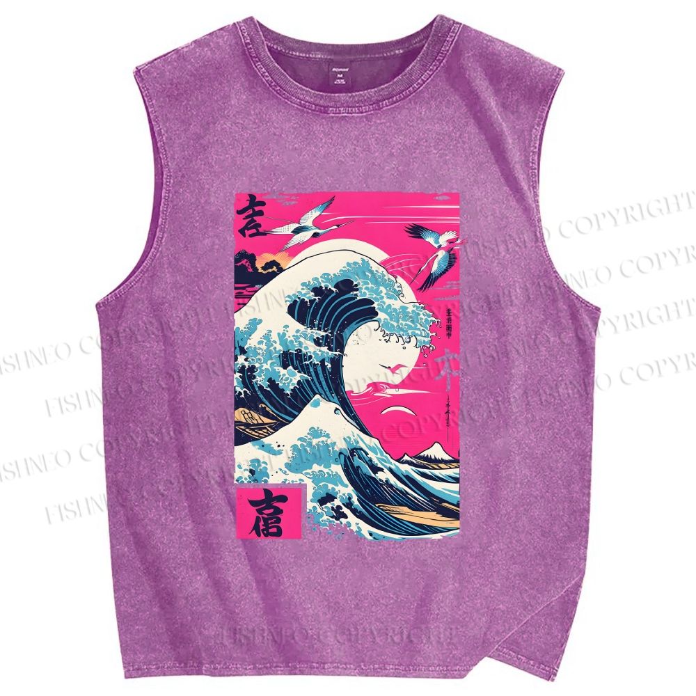 Unisex Hokkaido Wave Printed Washed Tank Top