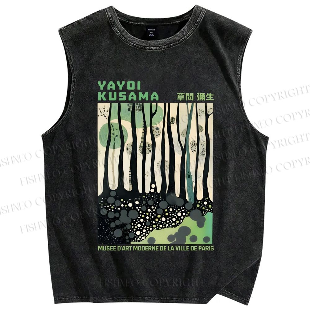 Unisex Yayoi Kusama Green Wood Printed Washed Tank Top