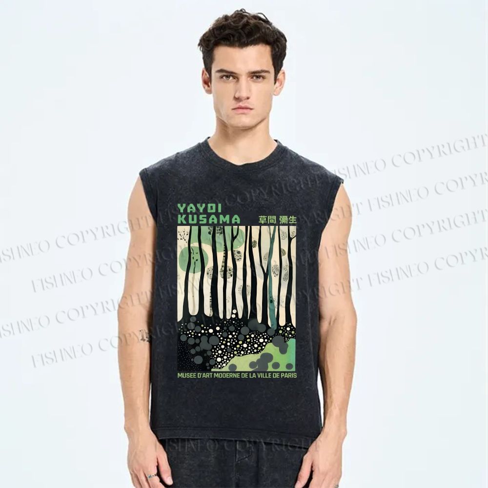 Unisex Yayoi Kusama Green Wood Printed Washed Tank Top
