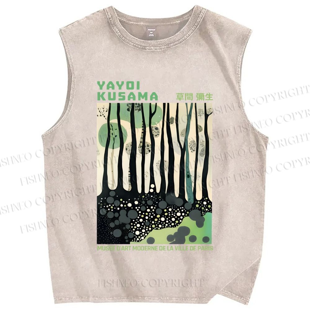 Unisex Yayoi Kusama Green Wood Printed Washed Tank Top