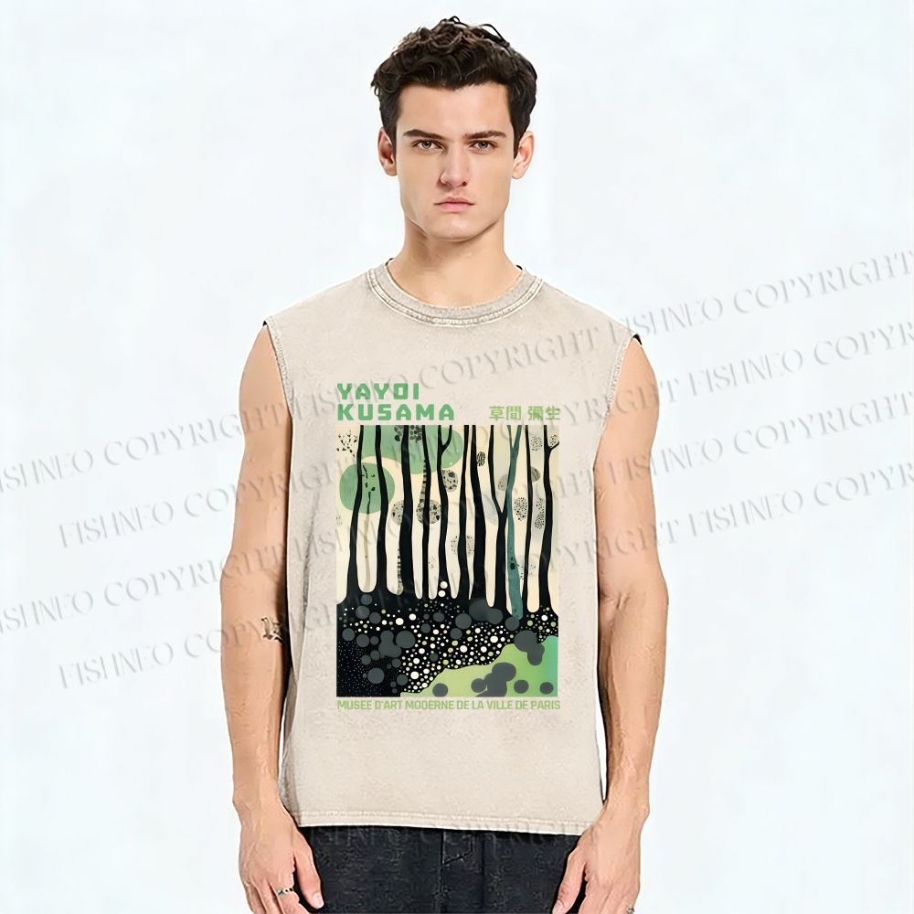 Unisex Yayoi Kusama Green Wood Printed Washed Tank Top