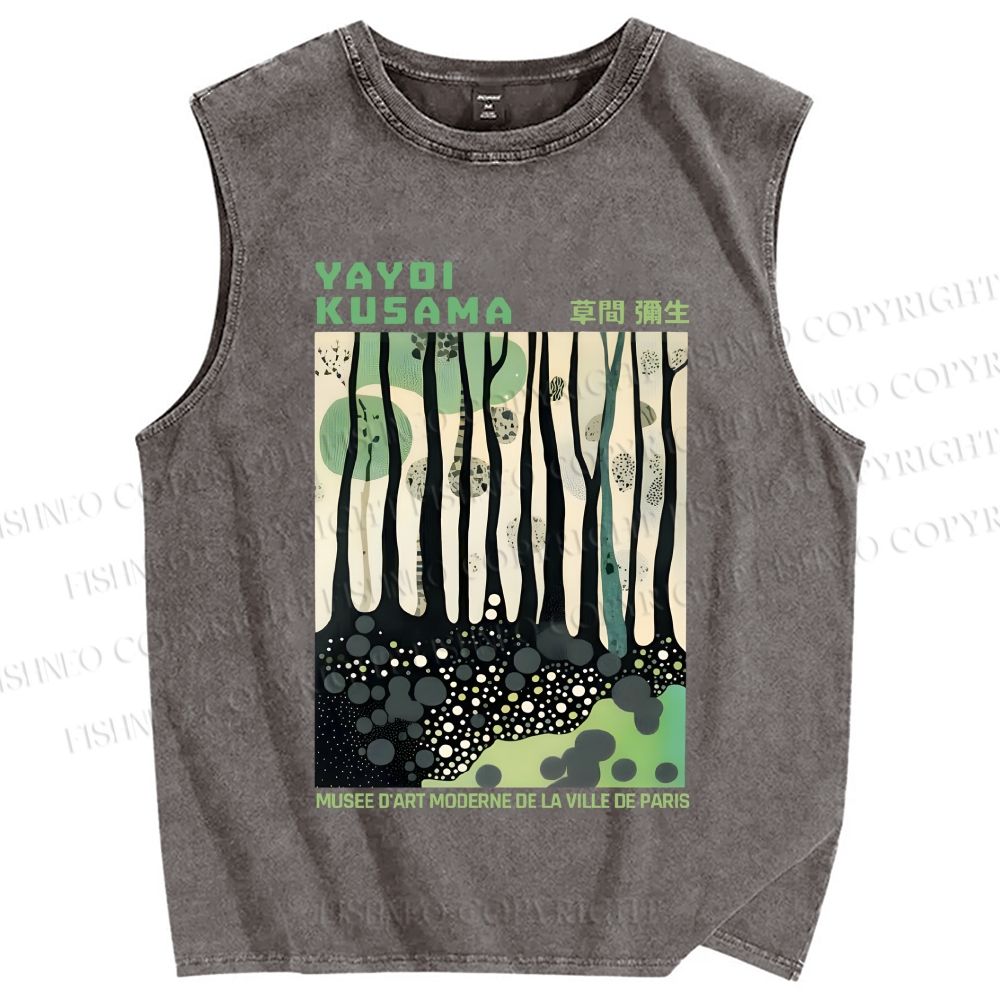 Unisex Yayoi Kusama Green Wood Printed Washed Tank Top