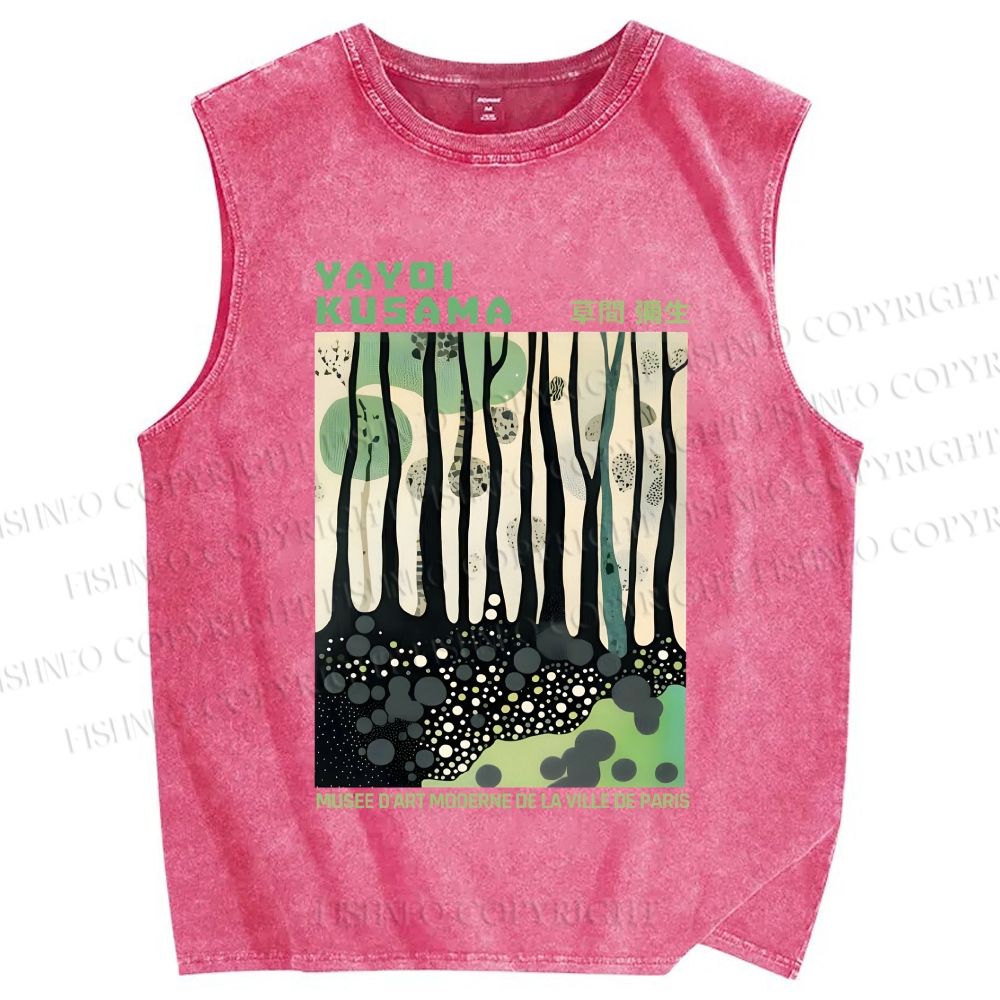 Unisex Yayoi Kusama Green Wood Printed Washed Tank Top