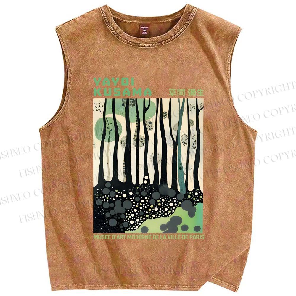 Unisex Yayoi Kusama Green Wood Printed Washed Tank Top