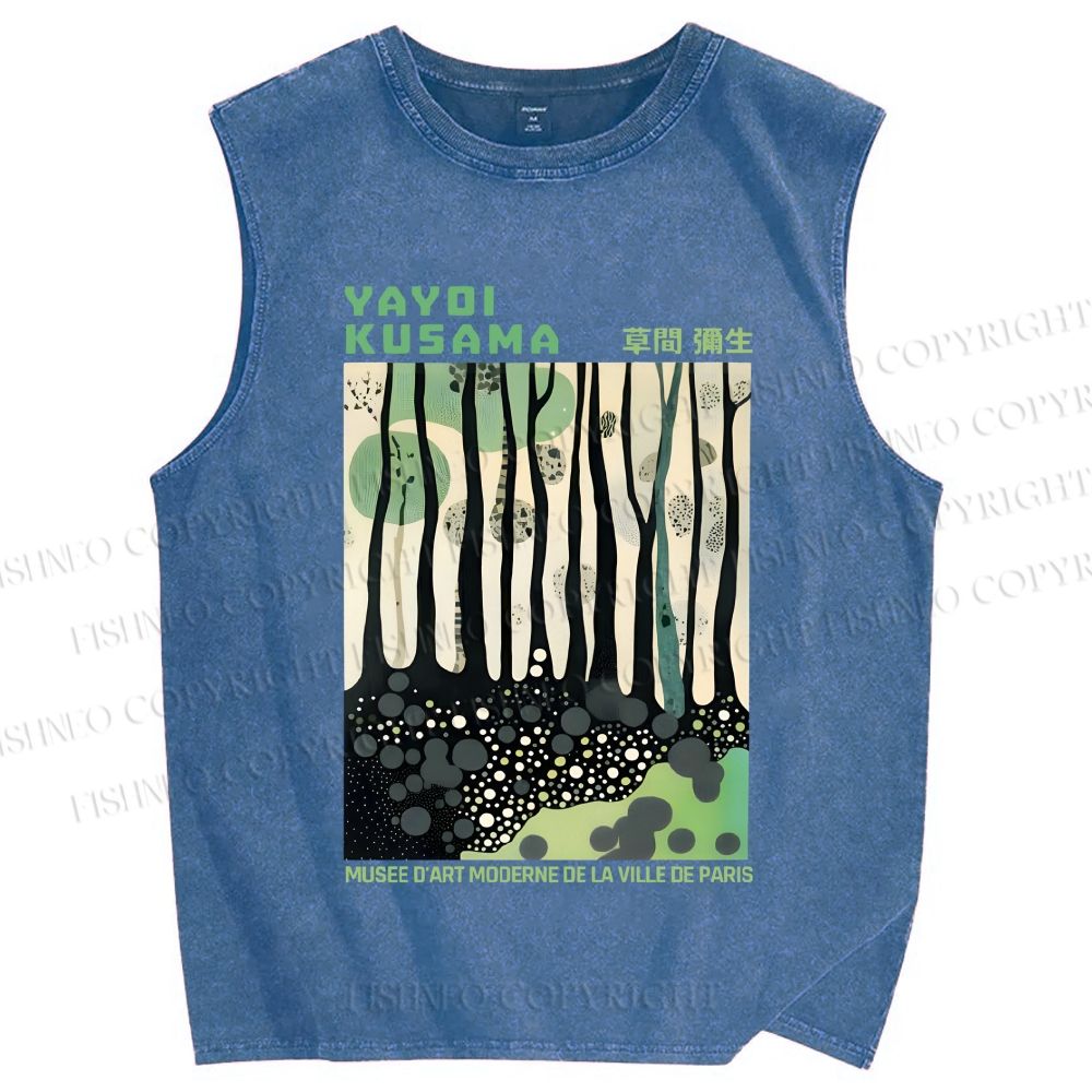 Unisex Yayoi Kusama Green Wood Printed Washed Tank Top