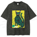 Unisex Black Cat Yarn Ball Printed Washed Tee