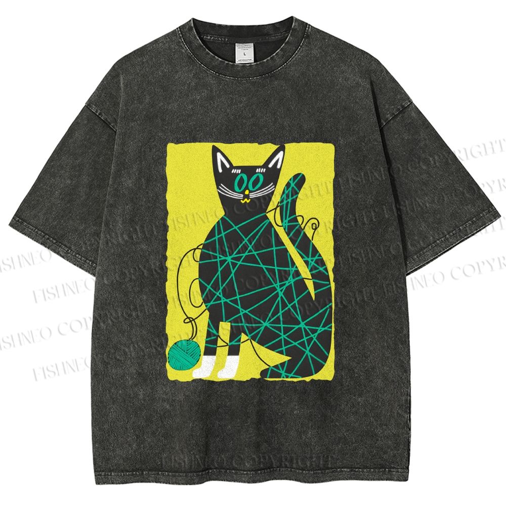 Unisex Black Cat Yarn Ball Printed Washed Tee