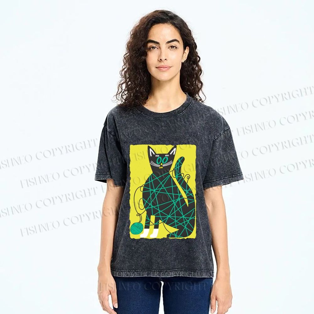 Unisex Black Cat Yarn Ball Printed Washed Tee