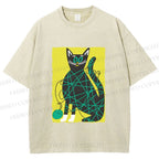 Unisex Black Cat Yarn Ball Printed Washed Tee