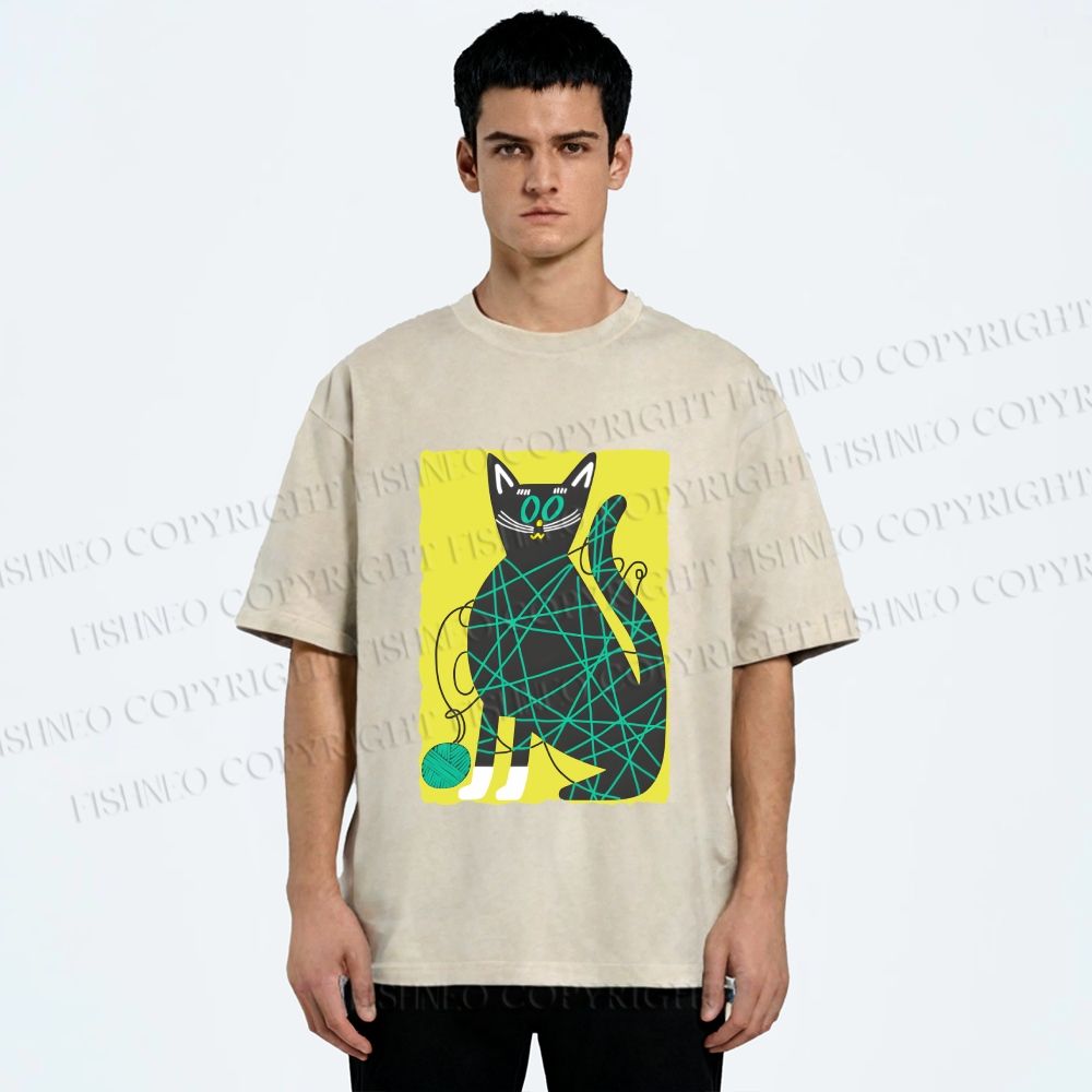 Unisex Black Cat Yarn Ball Printed Washed Tee
