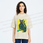 Unisex Black Cat Yarn Ball Printed Washed Tee