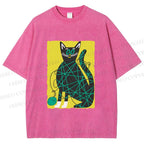 Unisex Black Cat Yarn Ball Printed Washed Tee