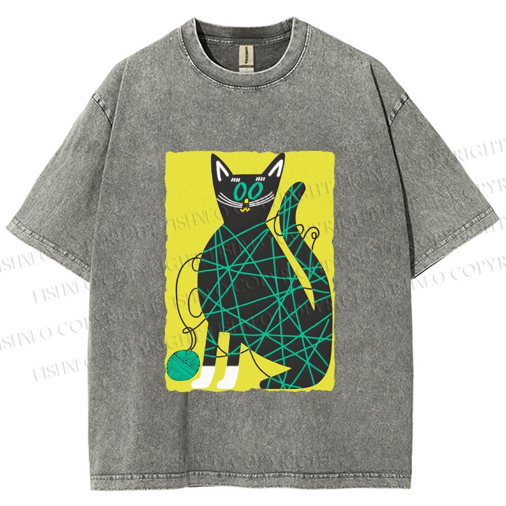 Unisex Black Cat Yarn Ball Printed Washed Tee
