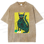 Unisex Black Cat Yarn Ball Printed Washed Tee