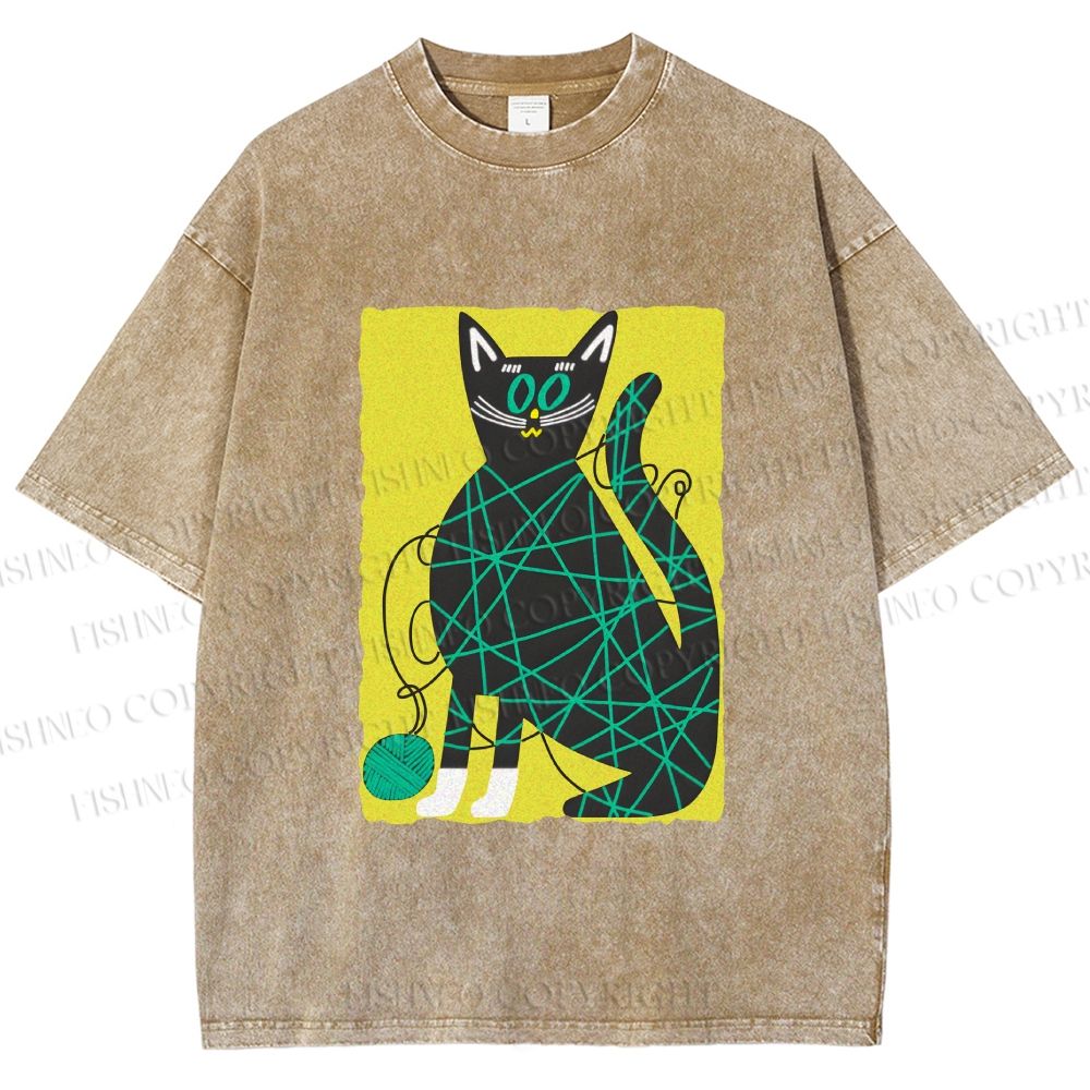 Unisex Black Cat Yarn Ball Printed Washed Tee