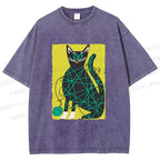 Unisex Black Cat Yarn Ball Printed Washed Tee