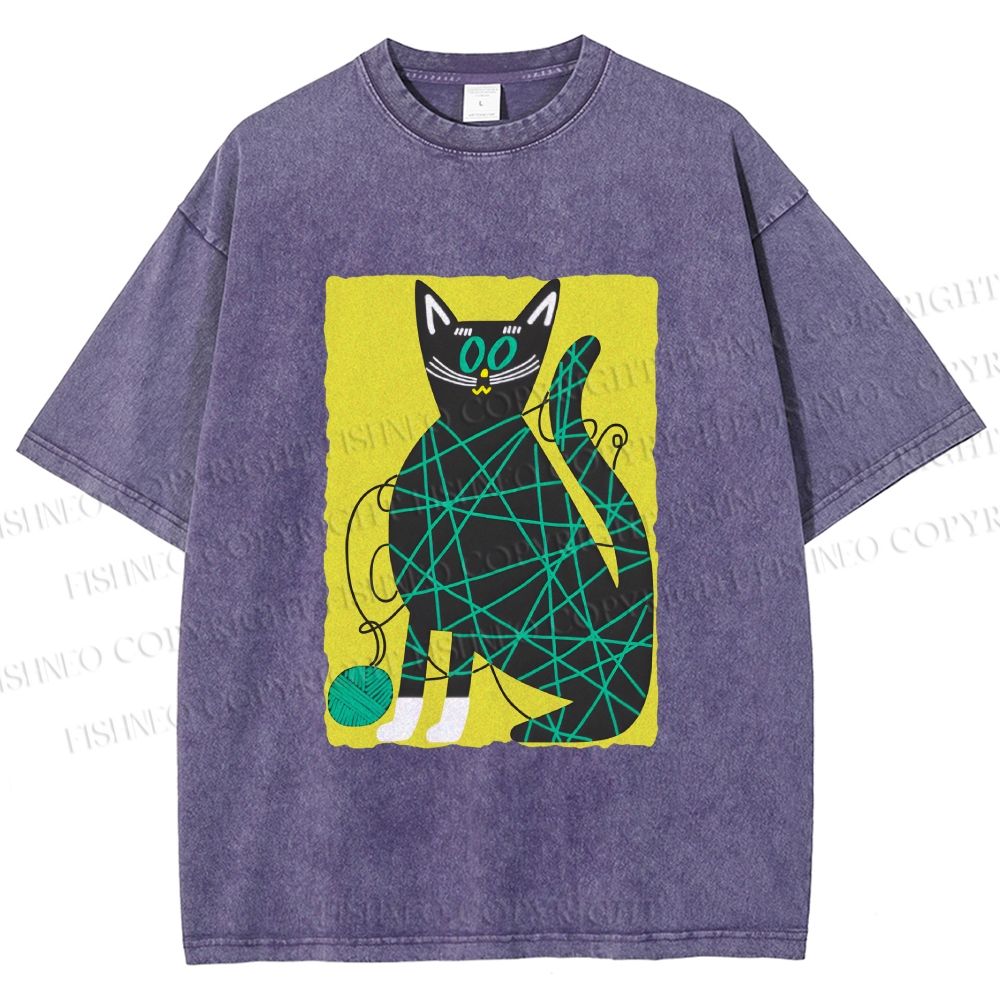 Unisex Black Cat Yarn Ball Printed Washed Tee