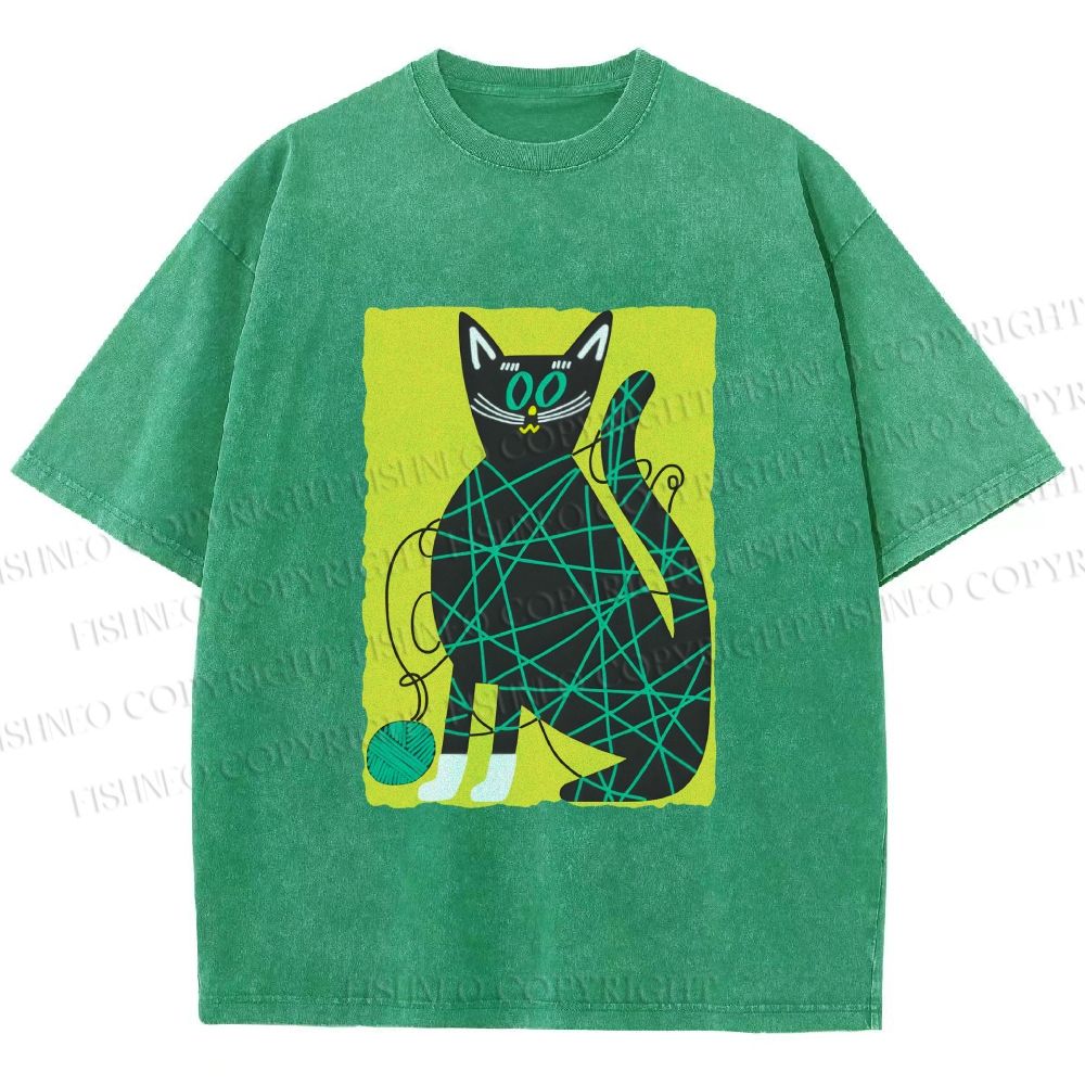 Unisex Black Cat Yarn Ball Printed Washed Tee