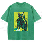 Unisex Black Cat Yarn Ball Printed Washed Tee