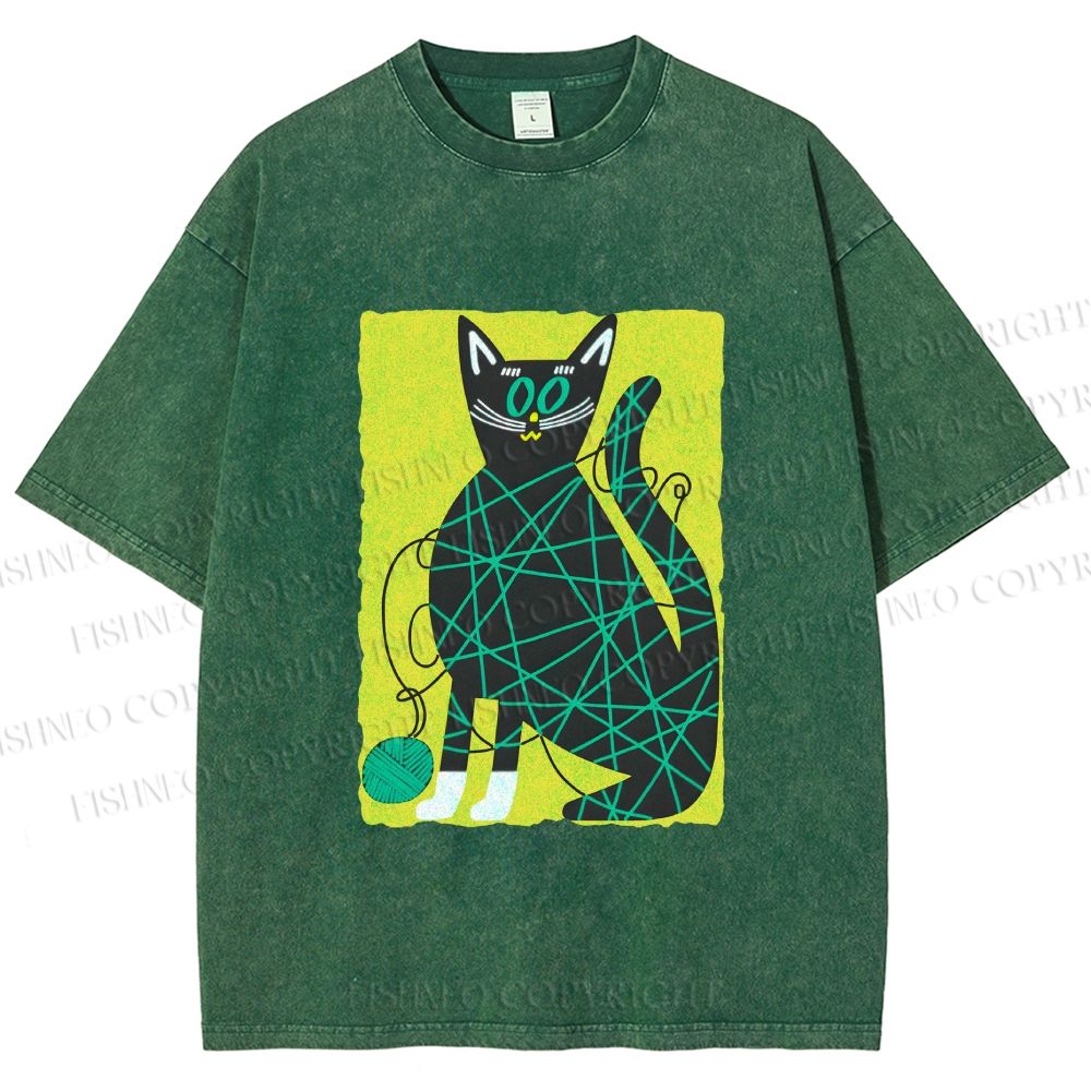 Unisex Black Cat Yarn Ball Printed Washed Tee