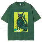 Unisex Black Cat Yarn Ball Printed Washed Tee