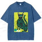 Unisex Black Cat Yarn Ball Printed Washed Tee