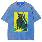 Unisex Black Cat Yarn Ball Printed Washed Tee