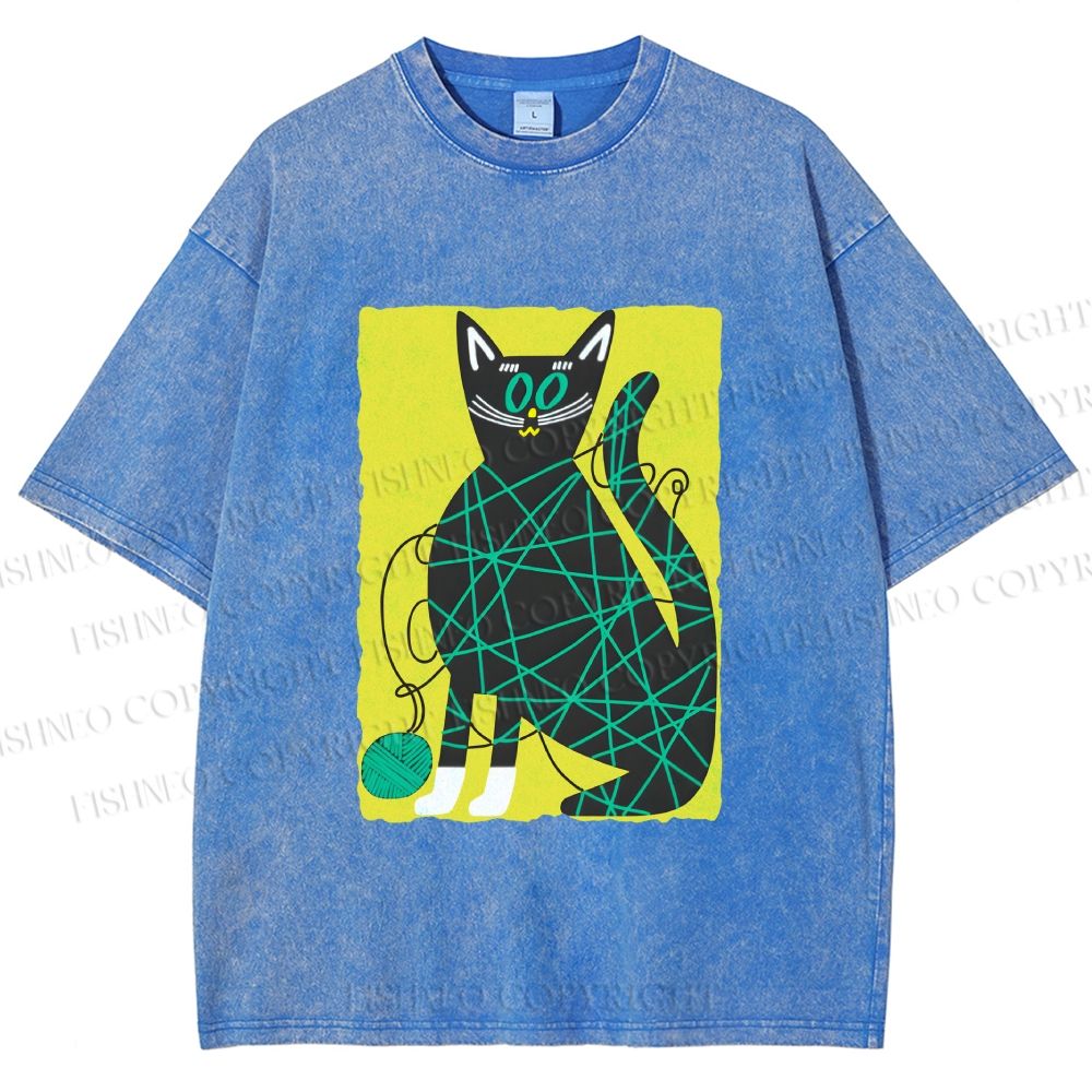 Unisex Black Cat Yarn Ball Printed Washed Tee