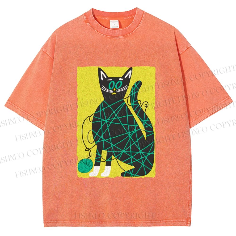 Unisex Black Cat Yarn Ball Printed Washed Tee