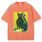 Unisex Black Cat Yarn Ball Printed Washed Tee