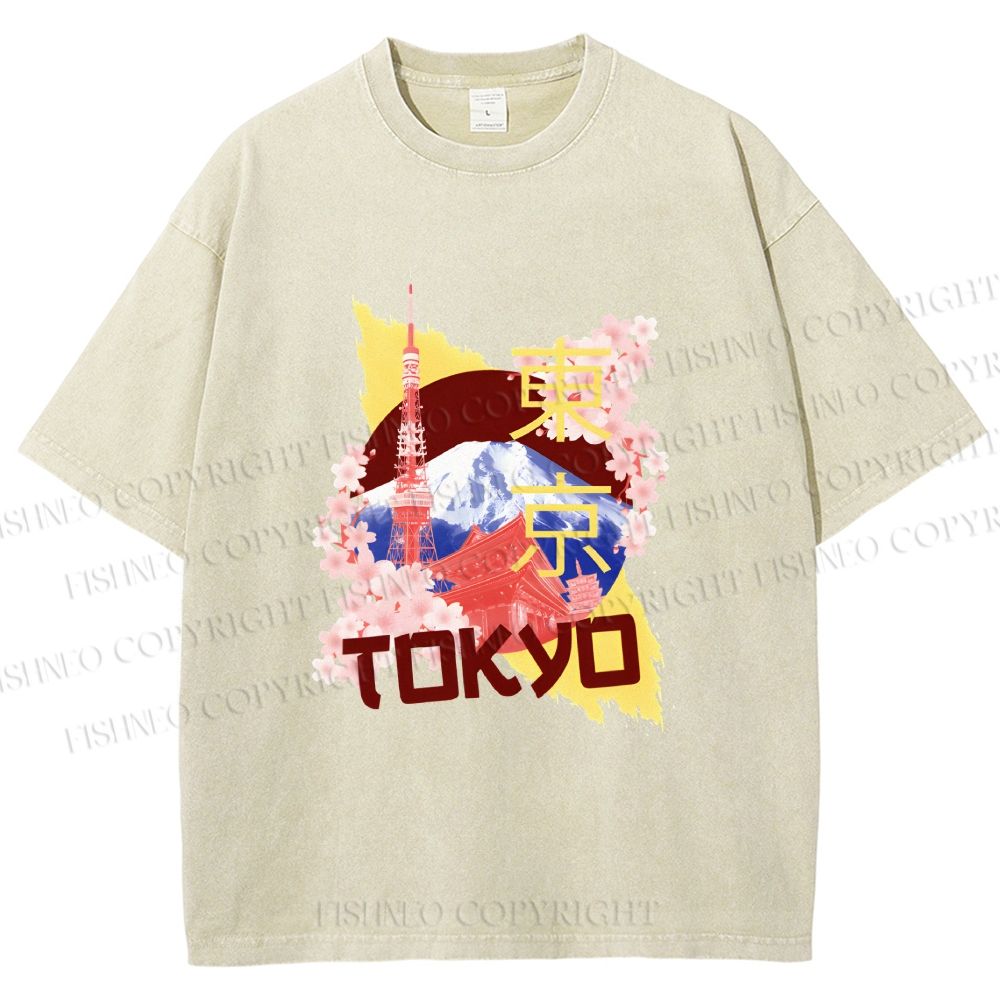 Unisex Japan Tokyo Printed Washed Tee
