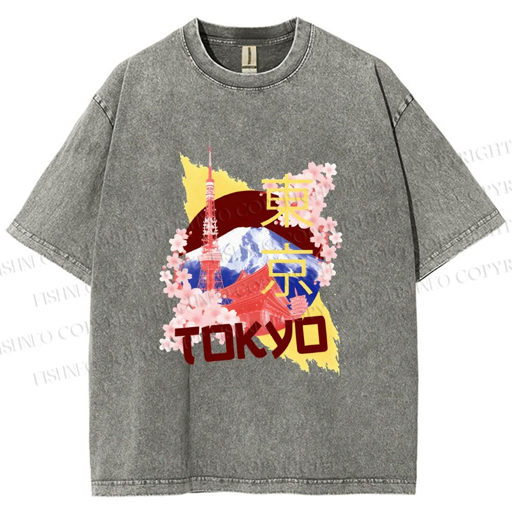 Unisex Japan Tokyo Printed Washed Tee