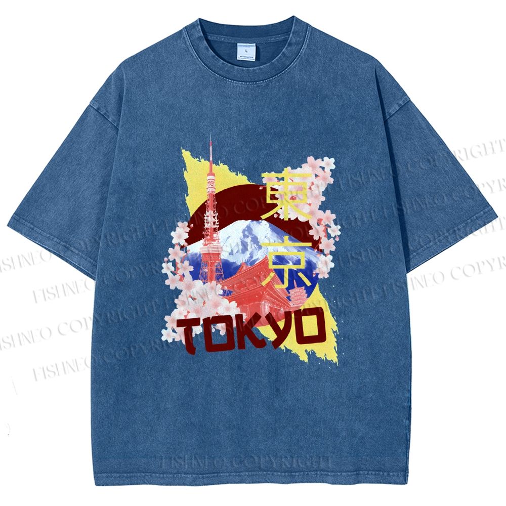 Unisex Japan Tokyo Printed Washed Tee