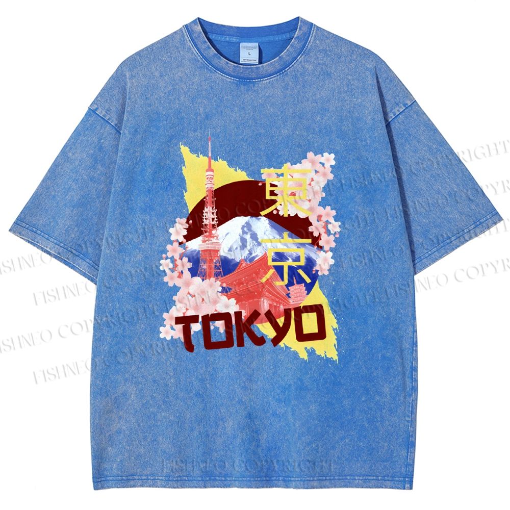 Unisex Japan Tokyo Printed Washed Tee