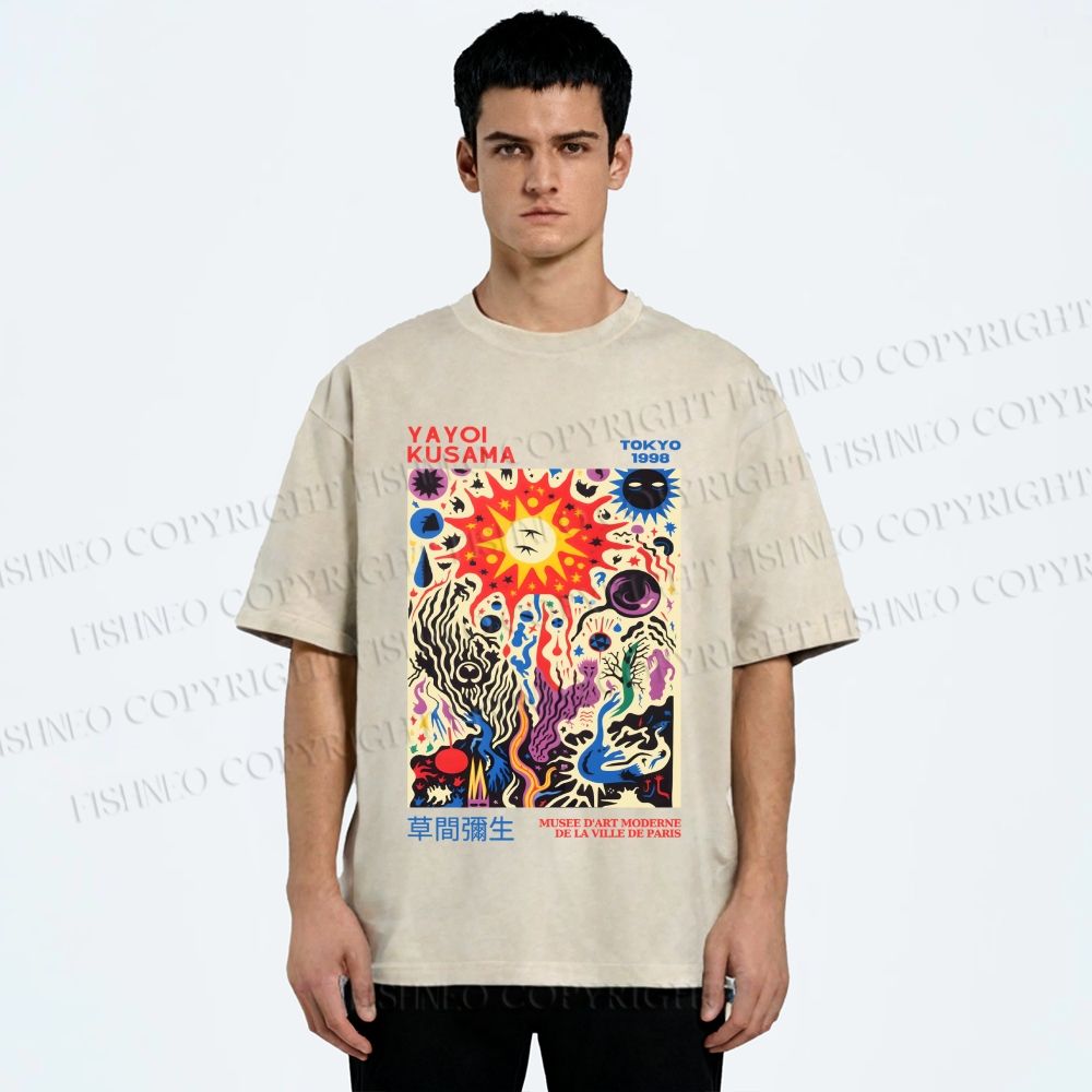Unisex Yayoi Kusama Abstract Art Printed Washed Tee