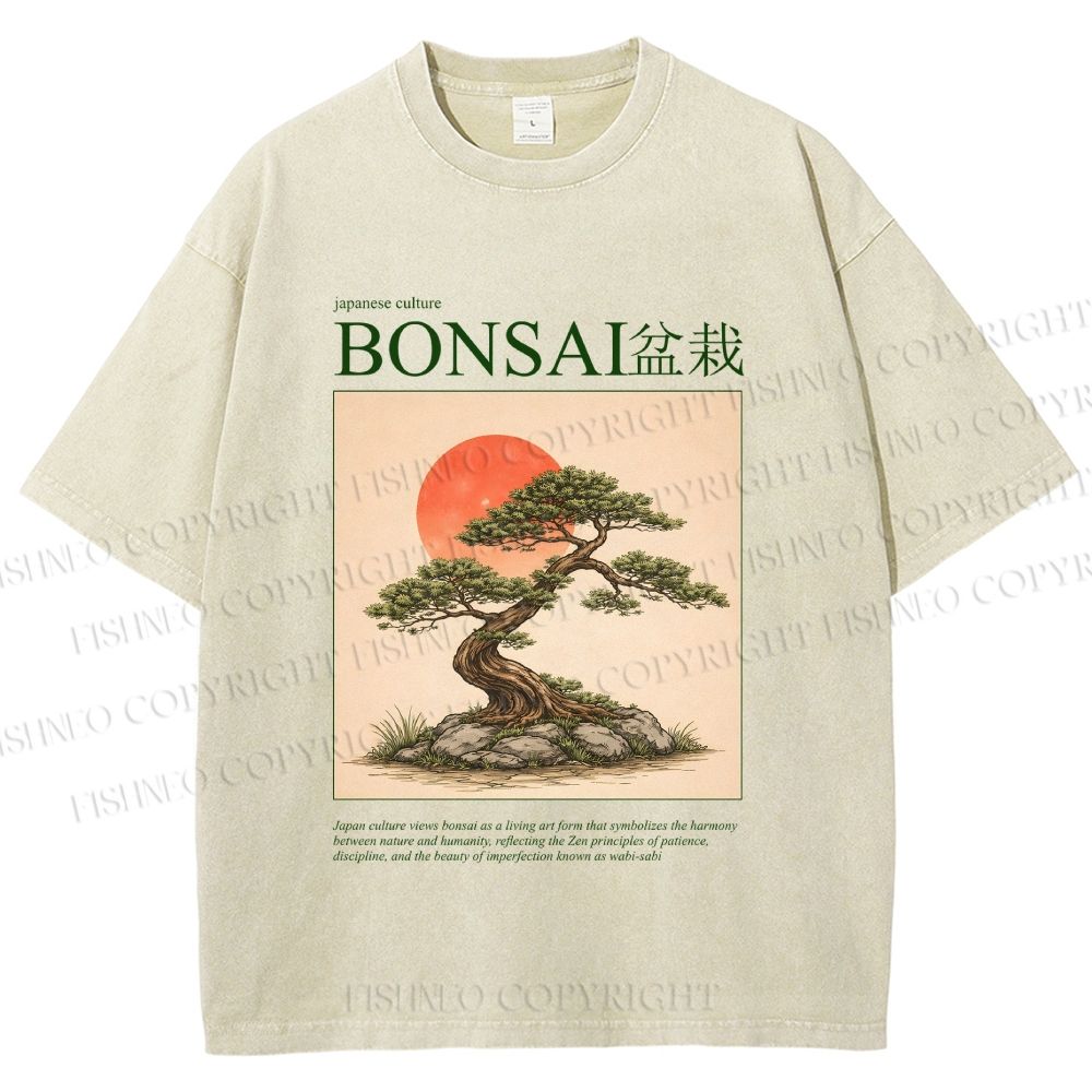 Unisex Japanese Bonsai Vintage Printed Washed Tee