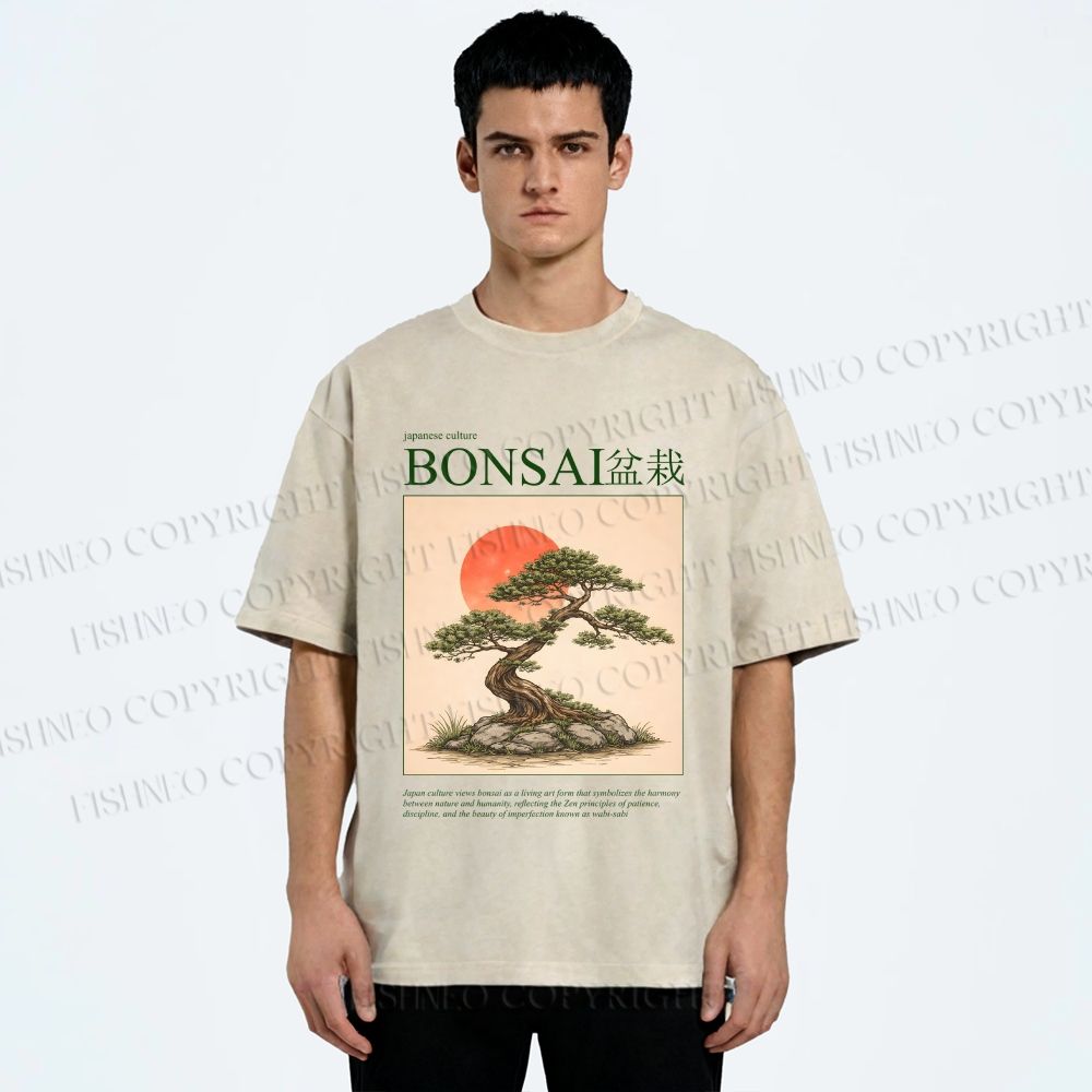 Unisex Japanese Bonsai Vintage Printed Washed Tee