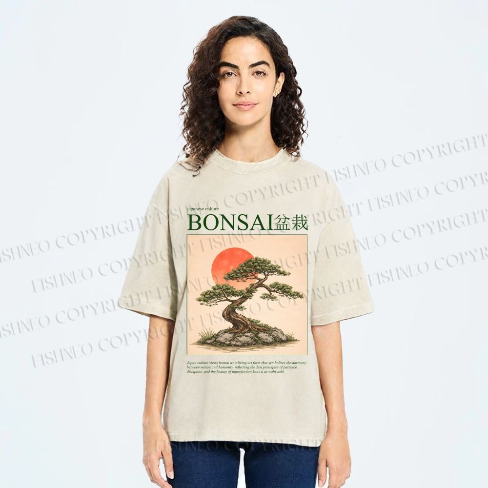 Unisex Japanese Bonsai Vintage Printed Washed Tee