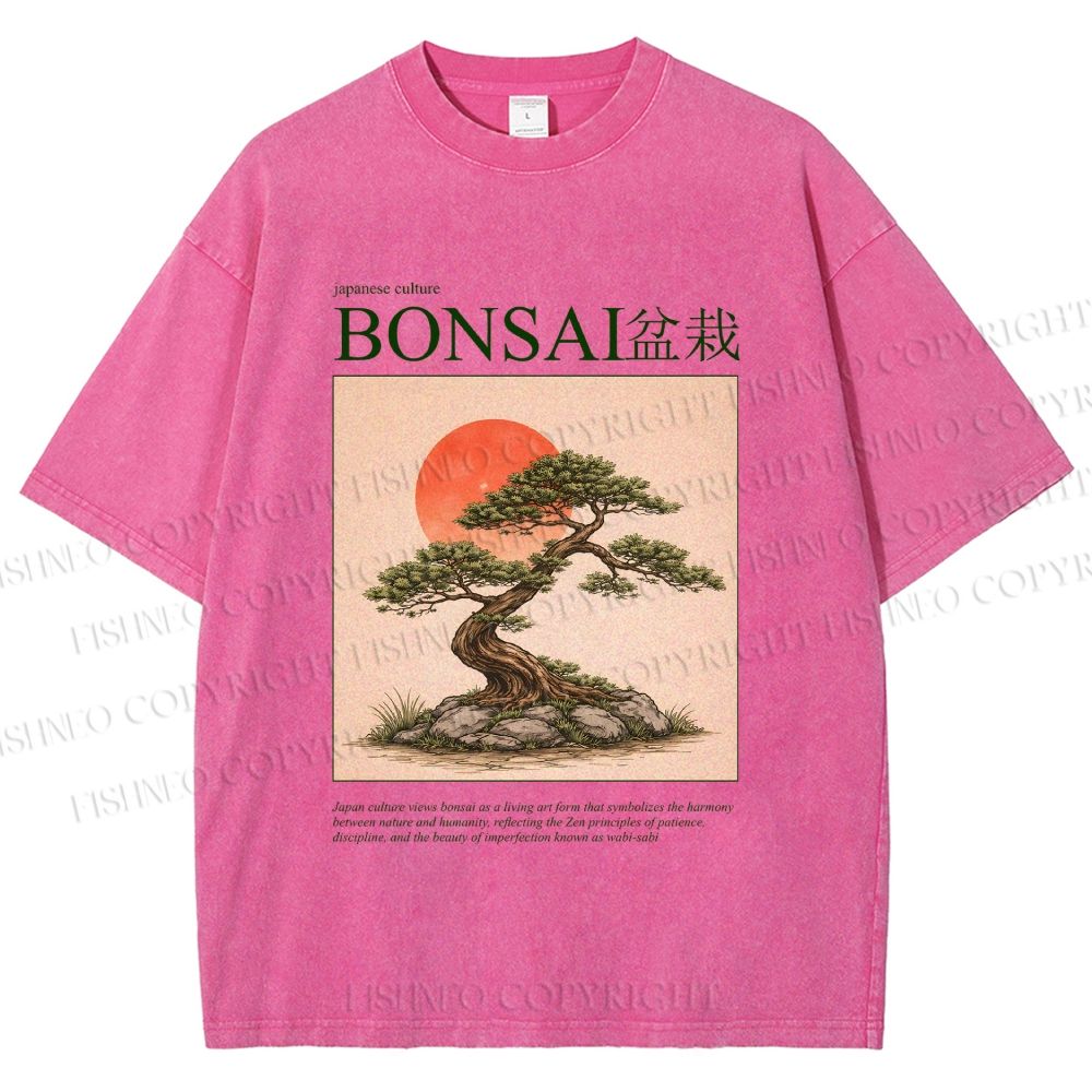 Unisex Japanese Bonsai Vintage Printed Washed Tee