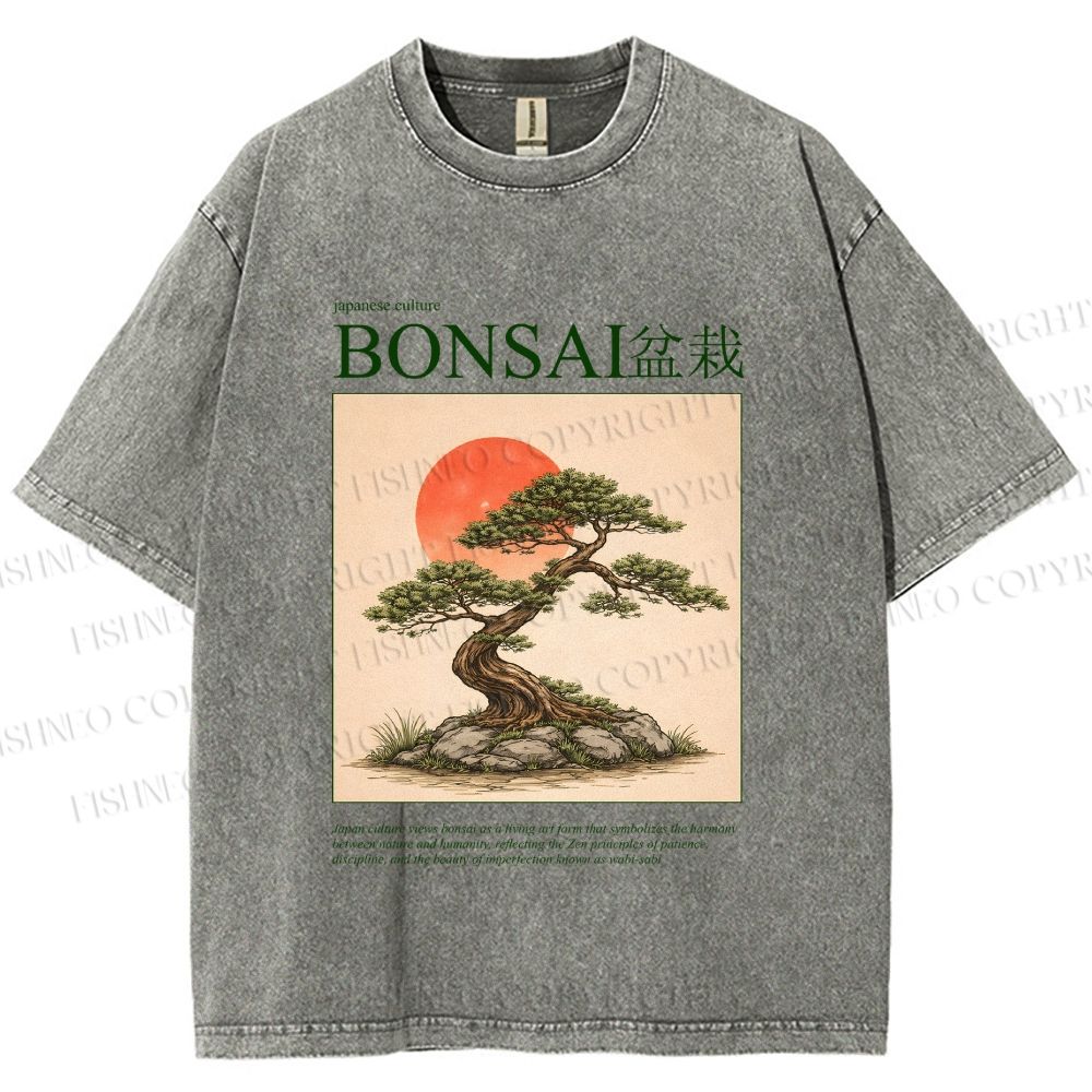 Unisex Japanese Bonsai Vintage Printed Washed Tee