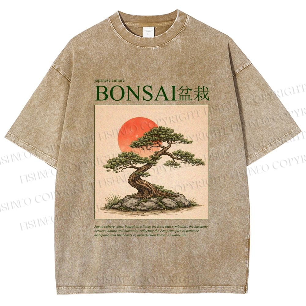 Unisex Japanese Bonsai Vintage Printed Washed Tee