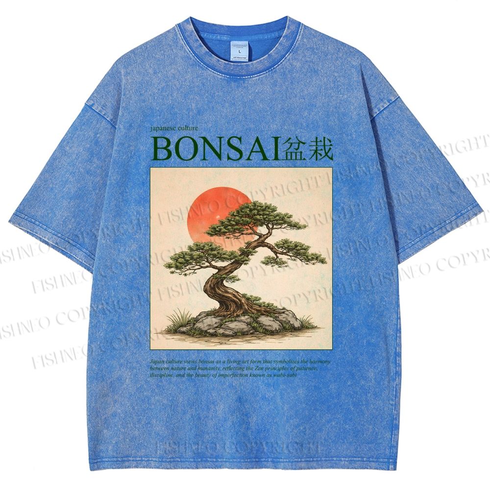 Unisex Japanese Bonsai Vintage Printed Washed Tee