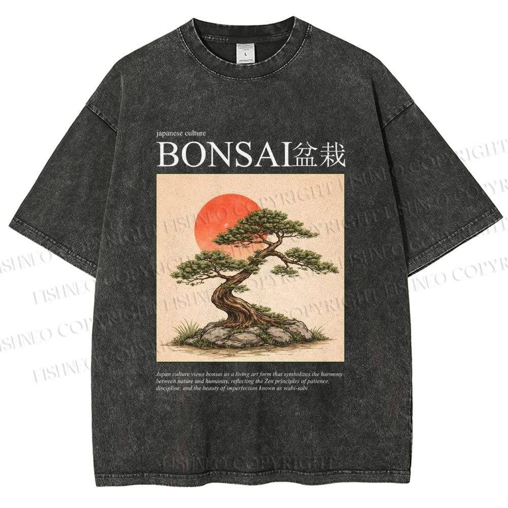 Unisex Japanese Bonsai Vintage Printed Washed Tee