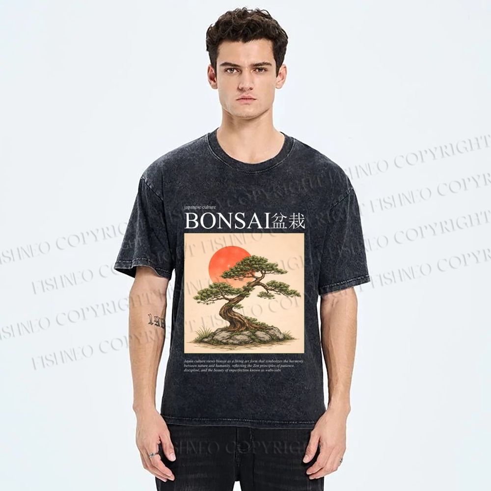 Unisex Japanese Bonsai Vintage Printed Washed Tee
