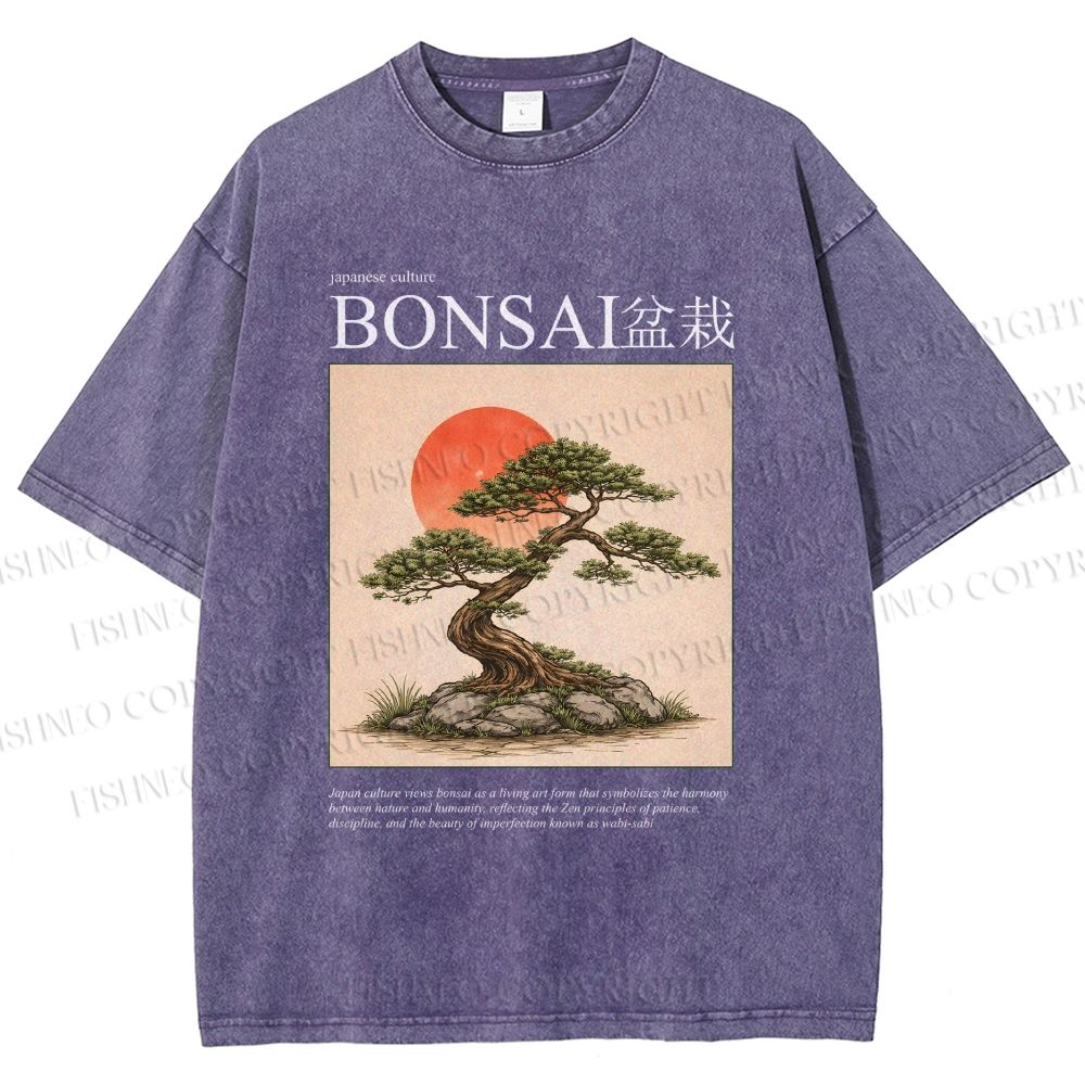 Unisex Japanese Bonsai Vintage Printed Washed Tee