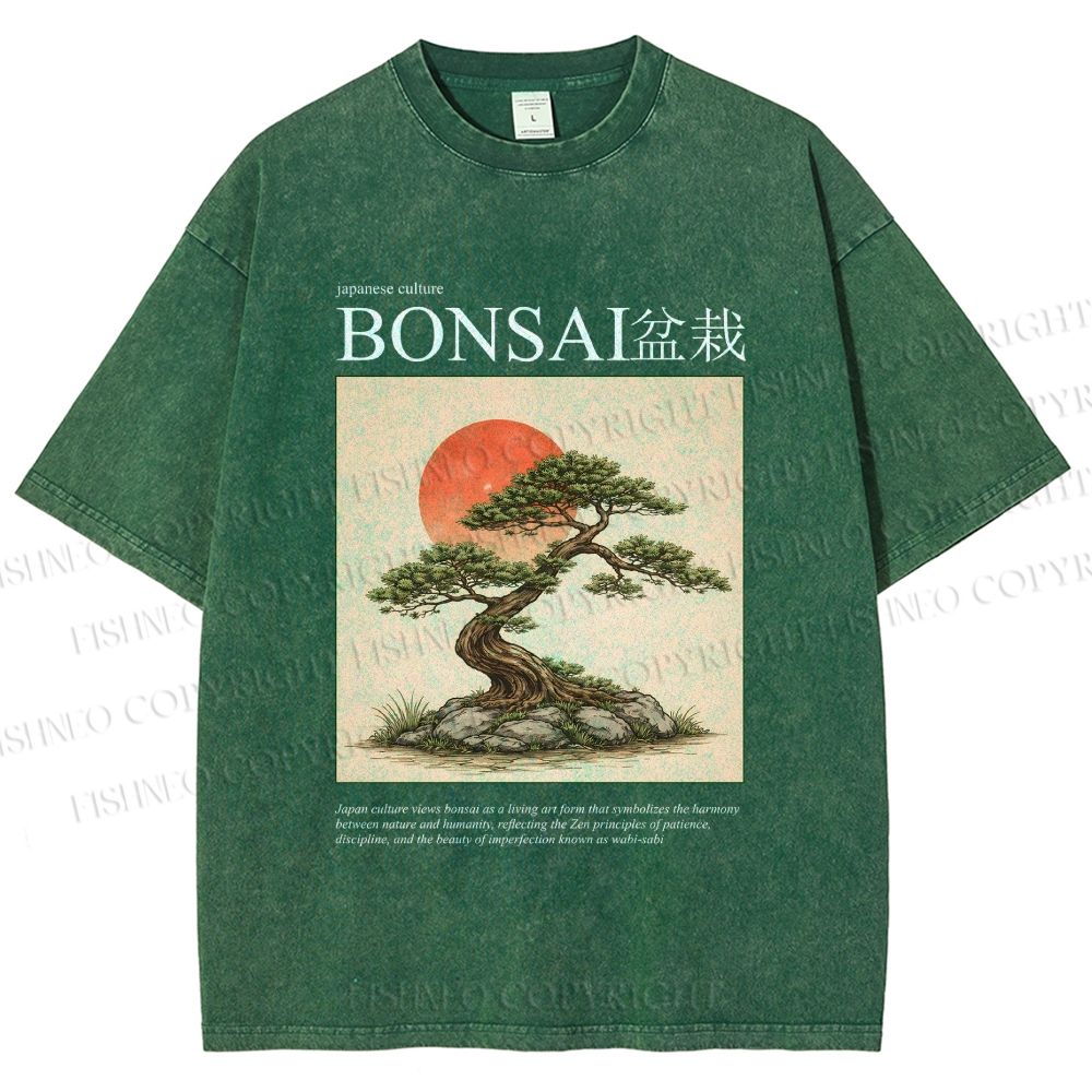 Unisex Japanese Bonsai Vintage Printed Washed Tee