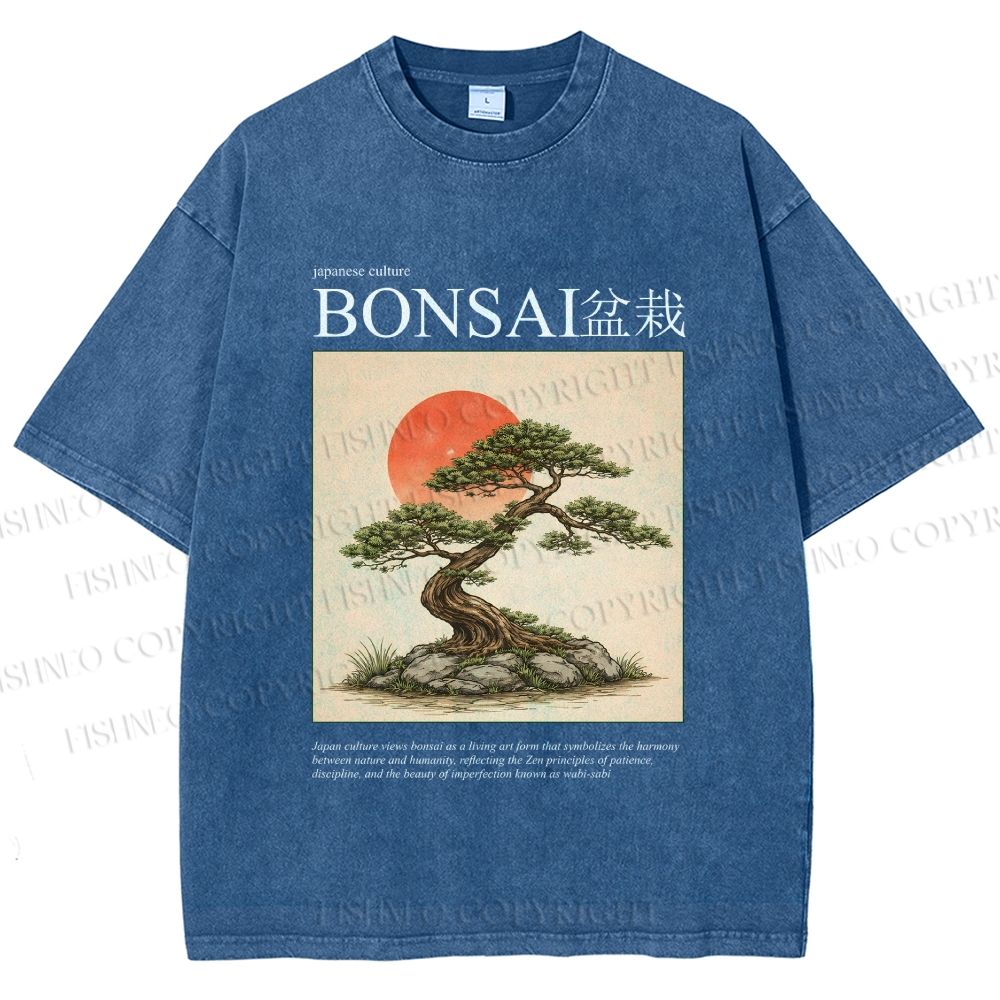 Unisex Japanese Bonsai Vintage Printed Washed Tee