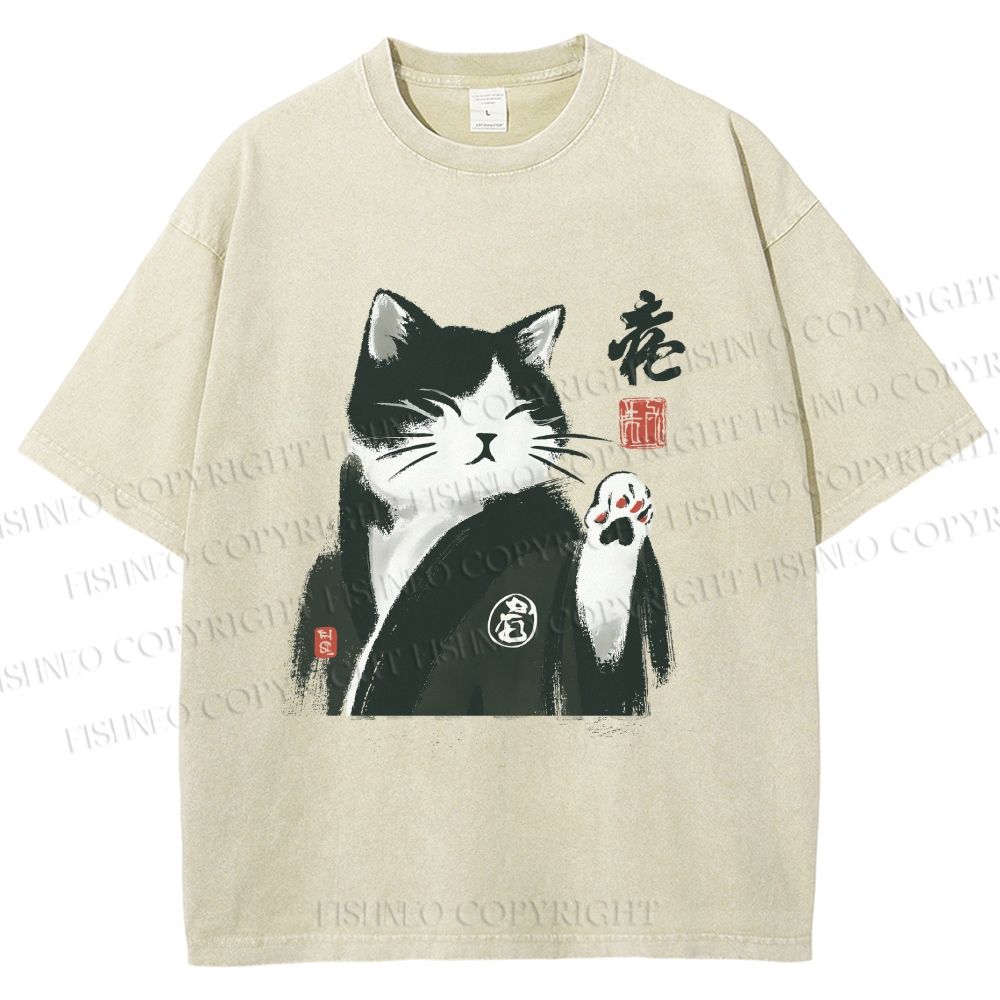 Unisex Kimono Cat Printed Washed Tee