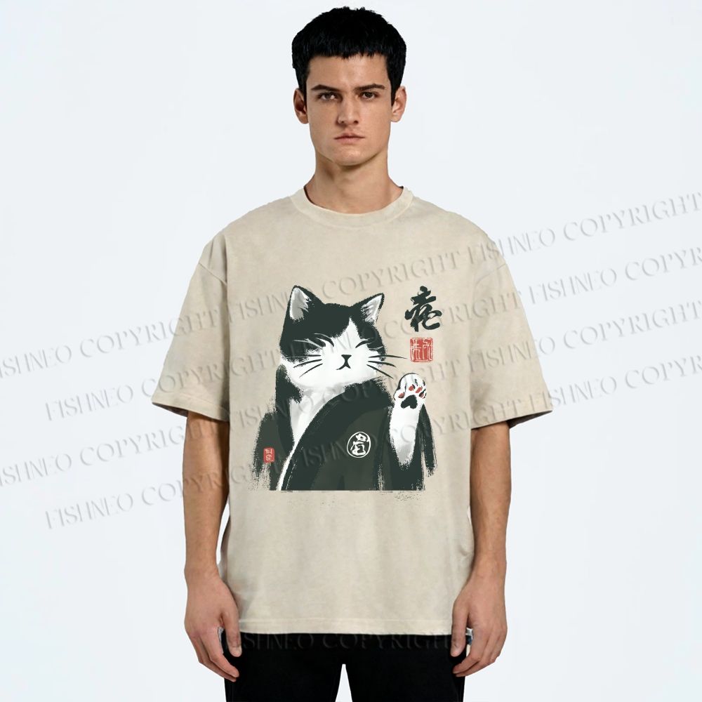 Unisex Kimono Cat Printed Washed Tee